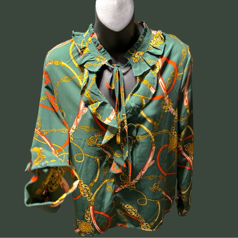 Ovi Red and Green Ruffled Tie Front Blouse